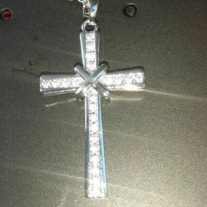 Rhodium Plated CZ Cross Pendant Necklace w/Chain Elegant
